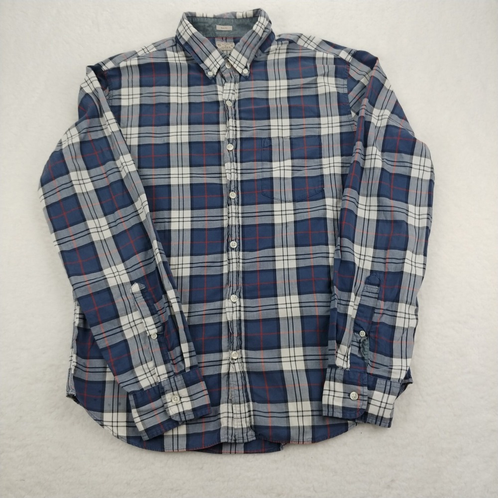 Men's J Crew Slim Fit Blue Orange White Plaid Long Sleeve Button Up Shirt Sz L